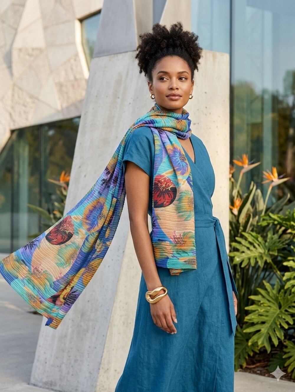 Echo Bright Tropical Print Scarf Beach Wrap Pleated Plisse Fabric